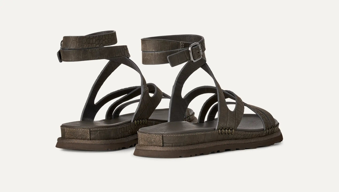UGG GoldenGaze Embossed Ankle Wrap Sandal for Women Dense Smoke