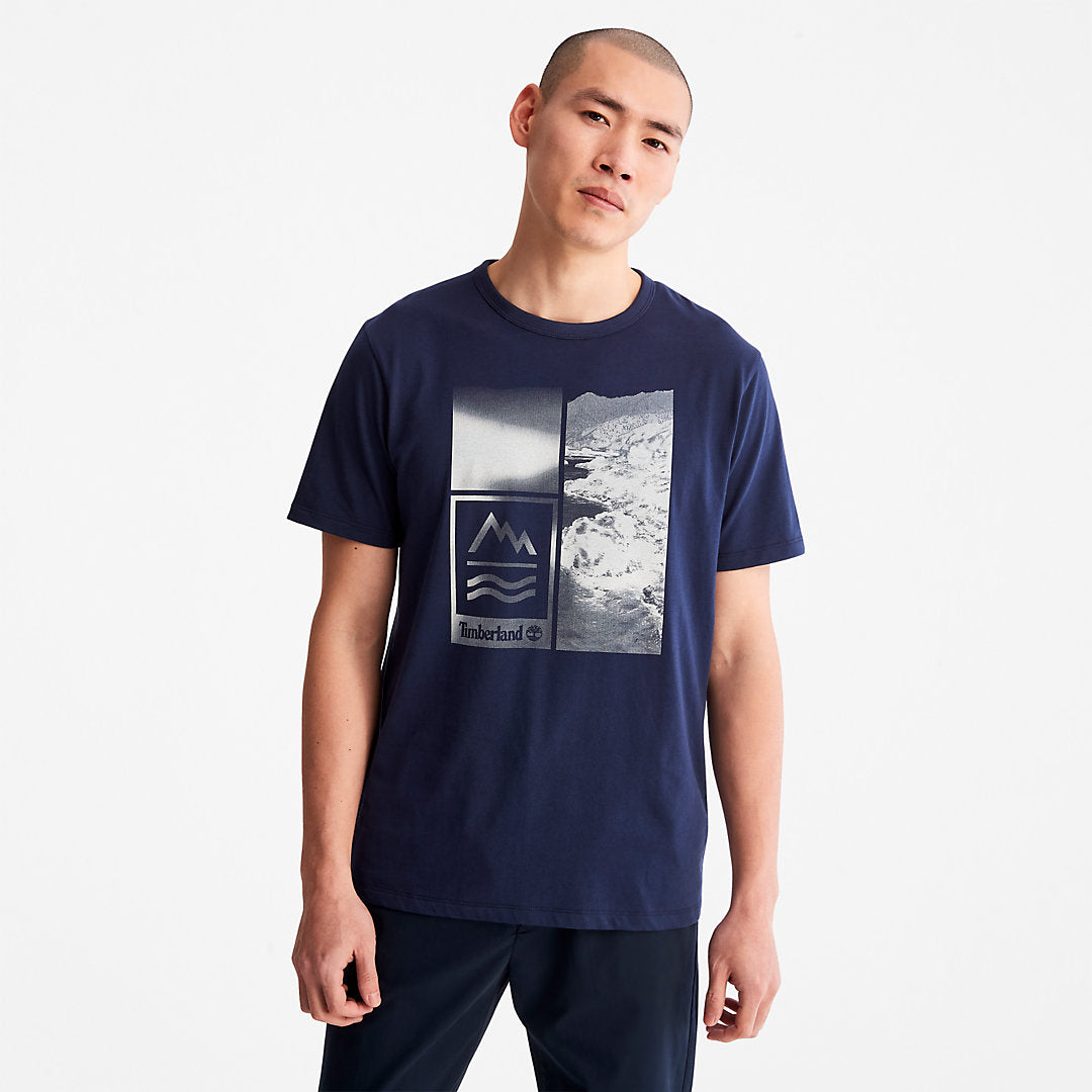 Mountains-to-Rivers Print T-Shirt for Men in Blue Timberland Discount