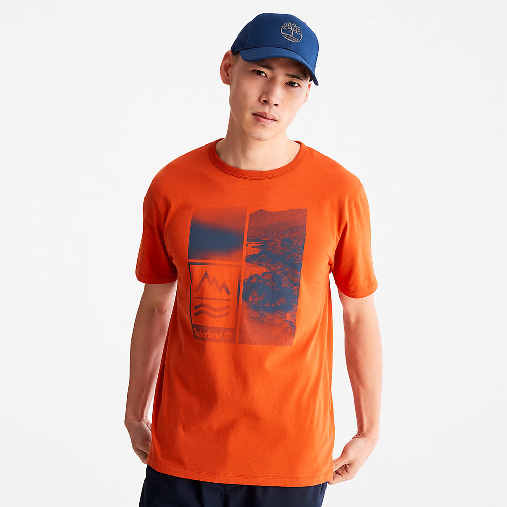 Mountains-to-Rivers Print T-Shirt for Men in Orange Timberland On Sale
