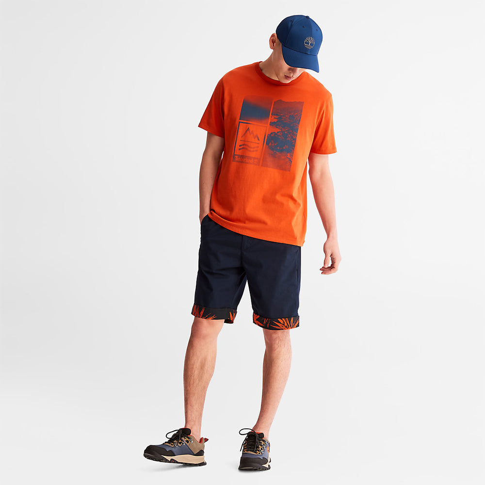 Mountains-to-Rivers Print T-Shirt for Men in Orange Timberland On Sale