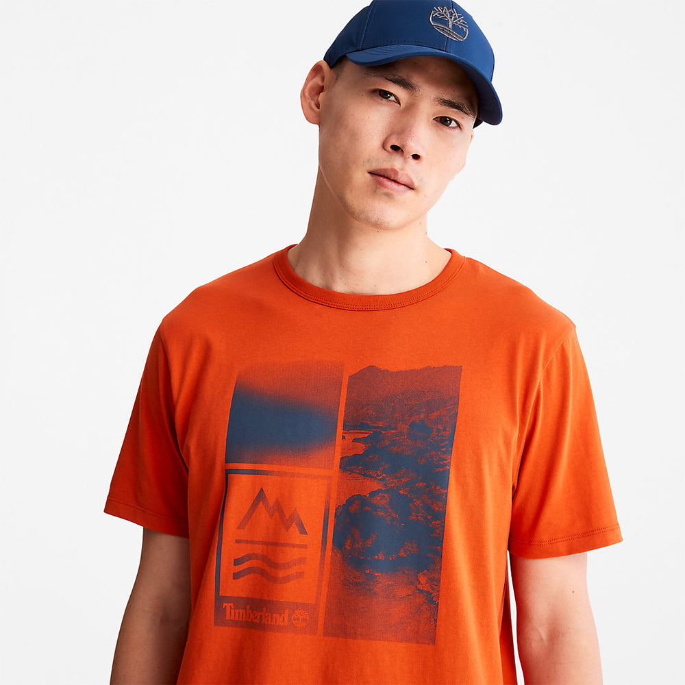 Mountains-to-Rivers Print T-Shirt for Men in Orange Timberland On Sale